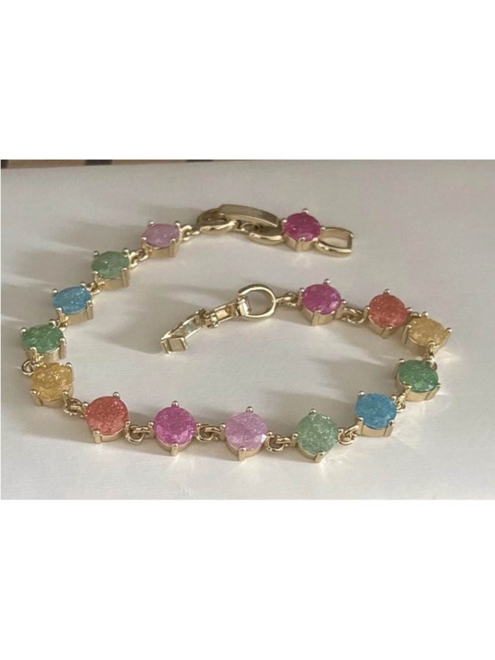 Gold Plated Rainbow Druzy Style Bracelet Colorful Gemstone Link Bracelet - Picture 3 of 10